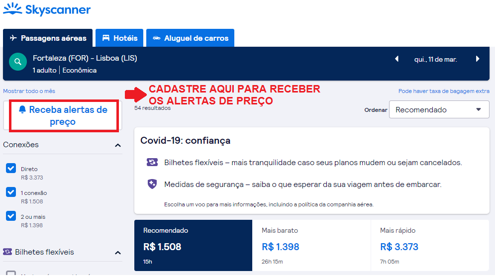 Como cadastrar alerta de preço de passagem no Skyscanner.