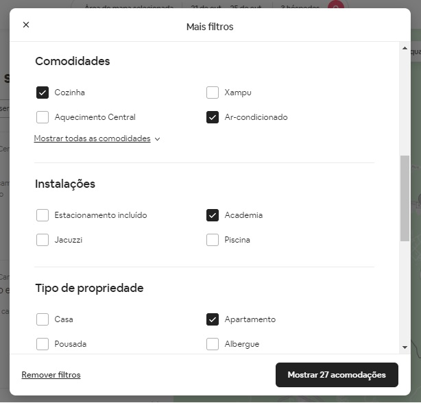 Filtros de busca do airbnb.
