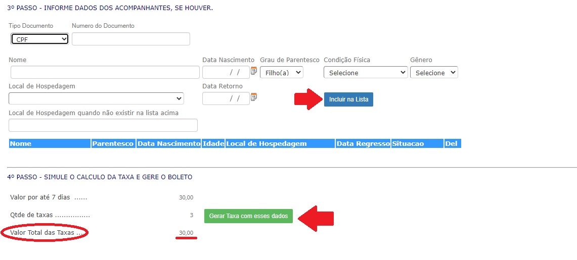 Como acrescentar acompanhantes na emissão da Taxa de Turismo de Jeri: Passo 4.